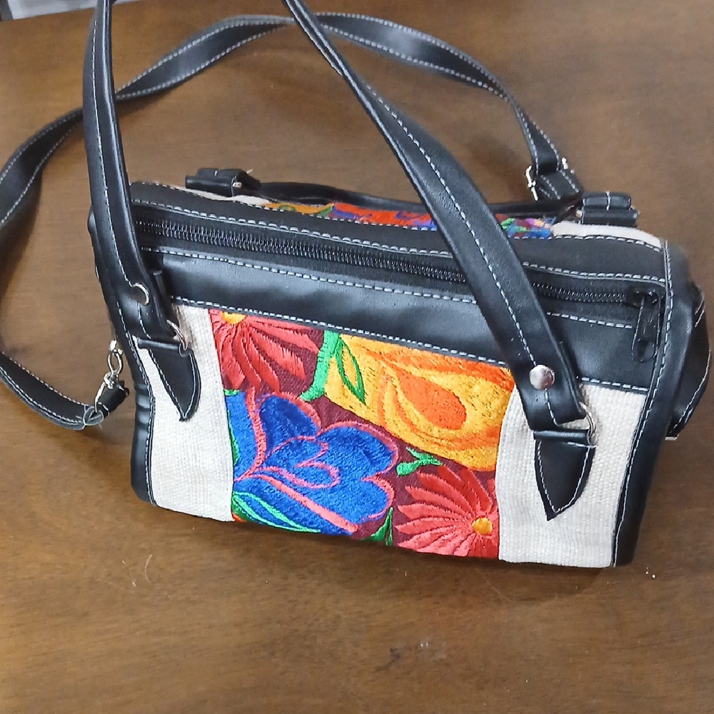 Black and Red Floral Shoulder Bag with Structured Design
